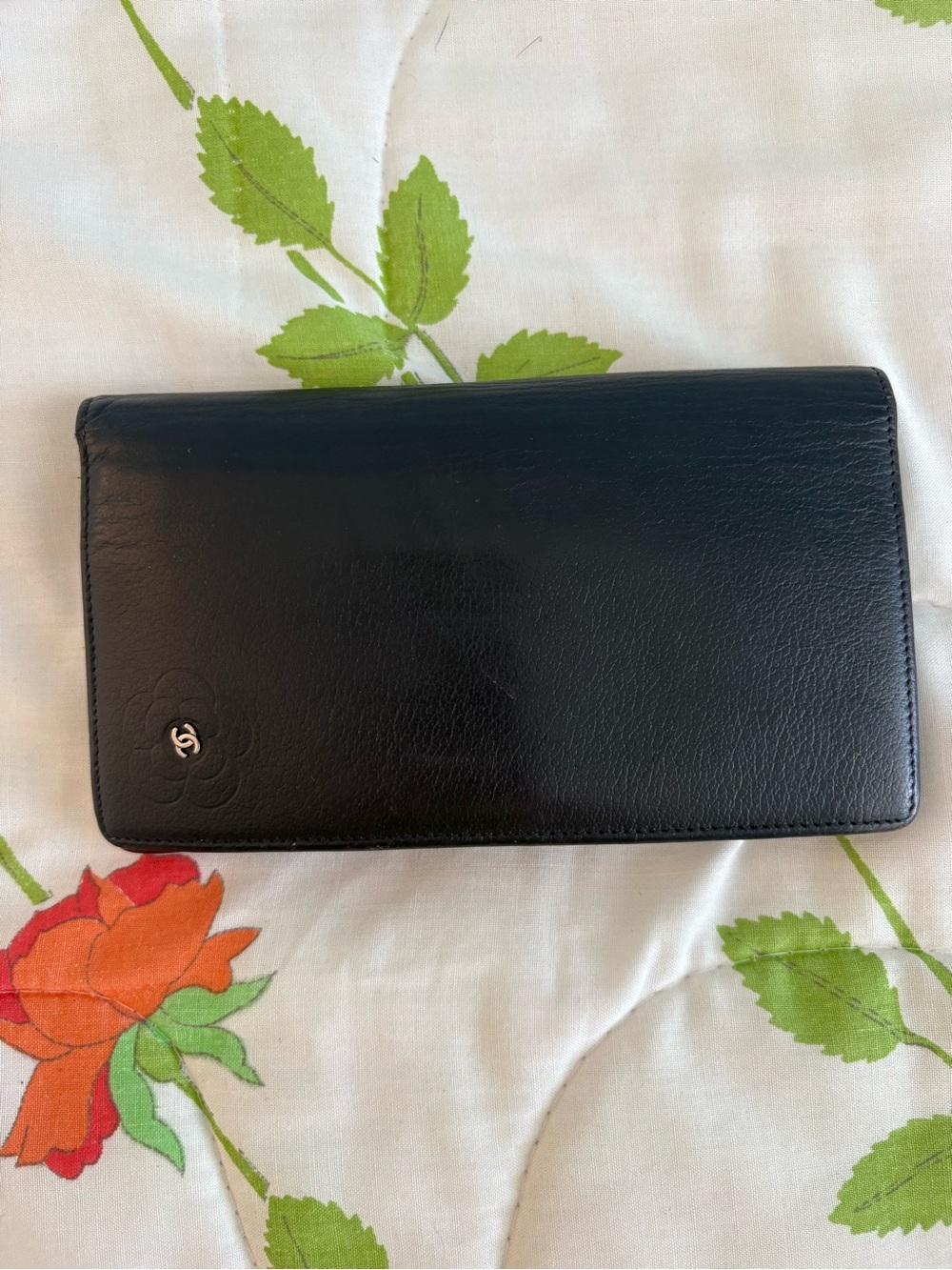 CHANEL Black Leather Long Wallet with Camellia Accent